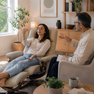 Woman relaxing during a hypnotherapy session